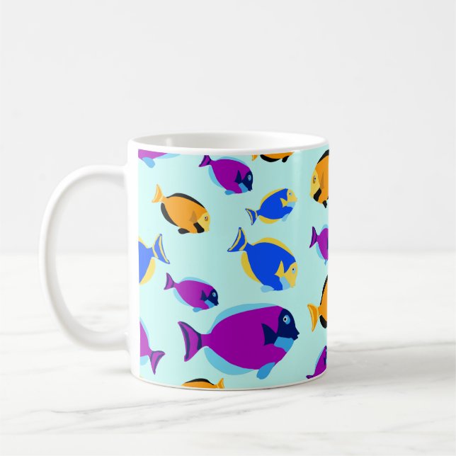 Colourful Tropical Fish Pattern in Blue Sea Coffee Mug (Left)
