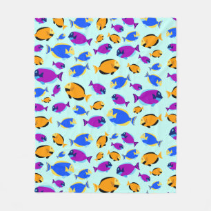 Colourful Tropical Fish Pattern in Blue Sea Fleece Blanket
