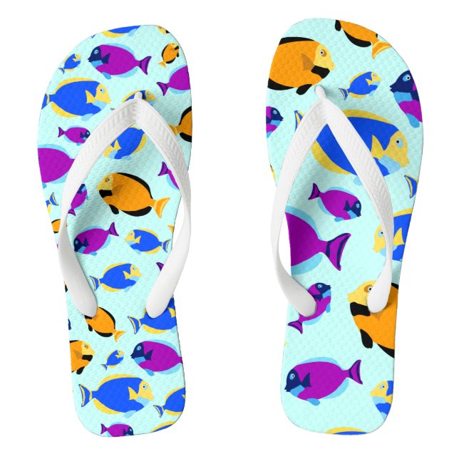 Colourful Tropical Fish Pattern in Blue Sea Flip Flops (Footbed)
