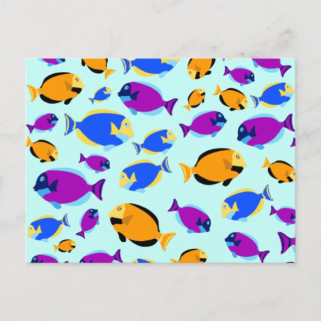 Colourful Tropical Fish Pattern in Blue Sea Holiday Postcard (Front)