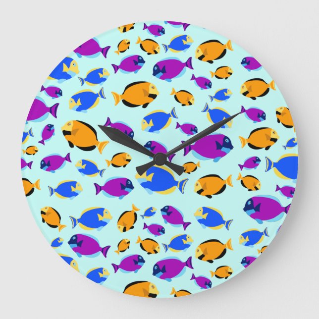 Colourful Tropical Fish Pattern in Blue Sea Large Clock (Front)