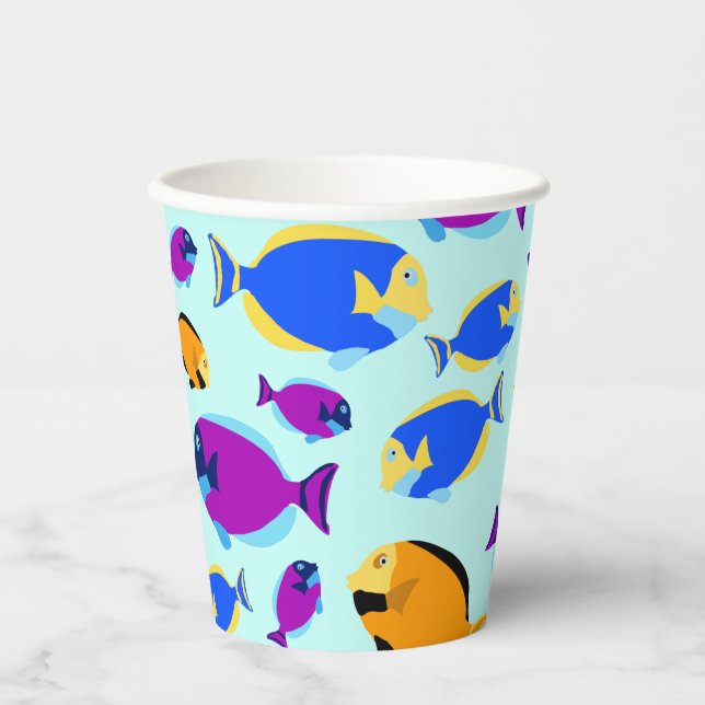 Colourful Tropical Fish Pattern in Blue Sea  Paper Cups (Front)
