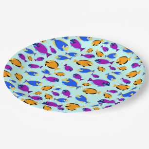Colourful Tropical Fish Pattern in Blue Sea Paper Plate