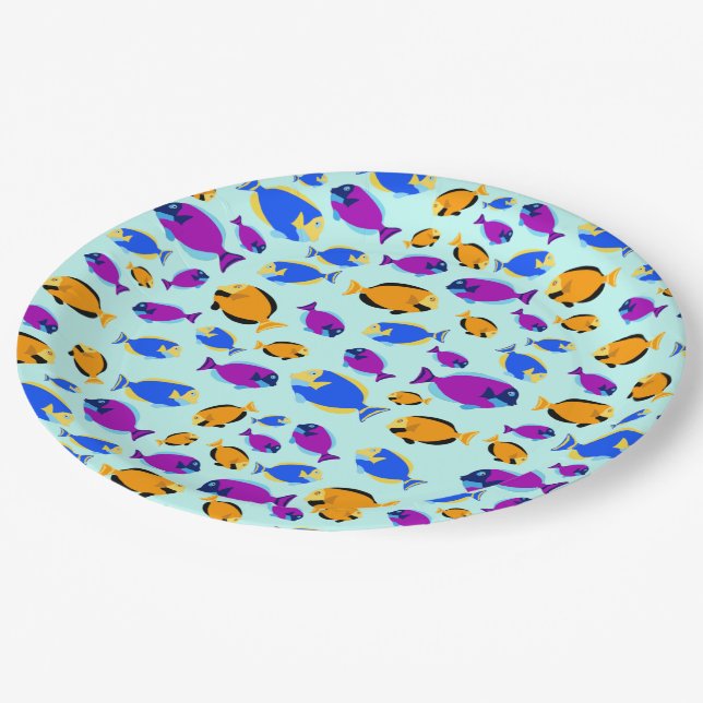 Colourful Tropical Fish Pattern in Blue Sea Paper Plate (Angled)