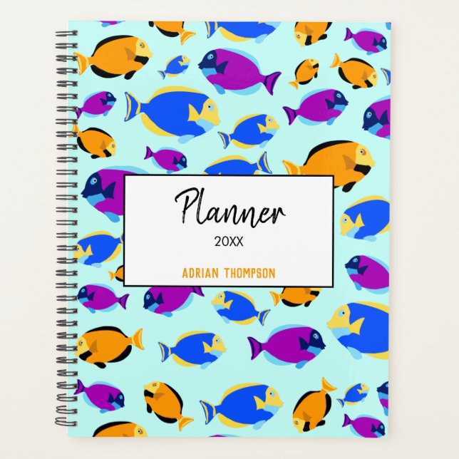 Colourful Tropical Fish Pattern in Blue Sea  Planner (Front)