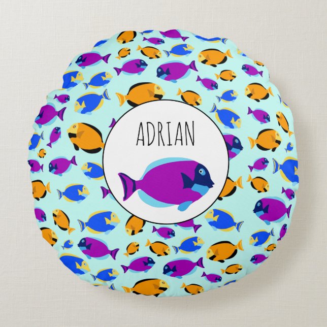Colourful Tropical Fish Pattern in Blue Sea Round Pillow (Front)