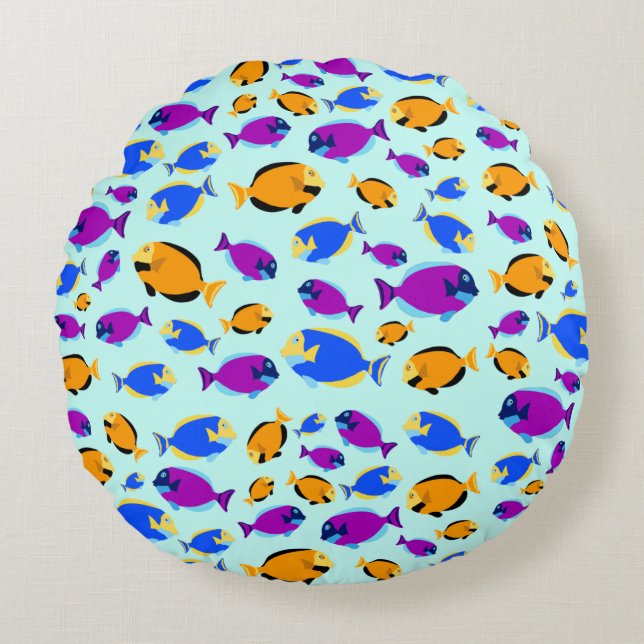 Colourful Tropical Fish Pattern in Blue Sea Round Pillow (Front)