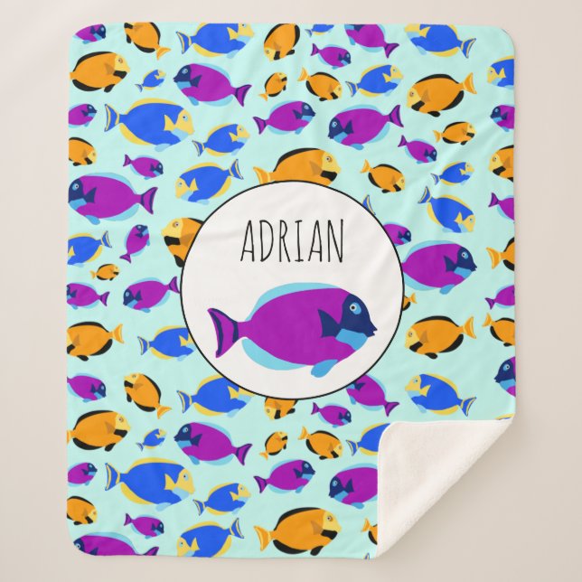 Colourful Tropical Fish Pattern in Blue Sea Sherpa Blanket (Front)