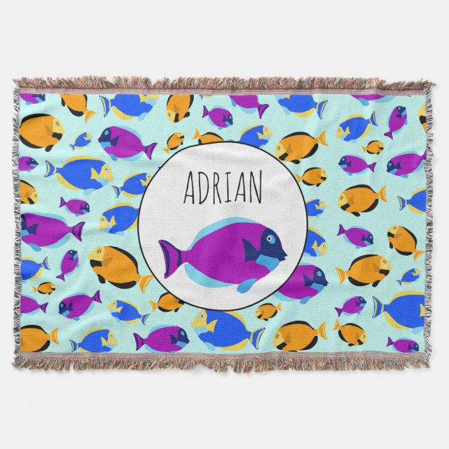 Colourful Tropical Fish Pattern in Blue Sea Throw Blanket (Front)
