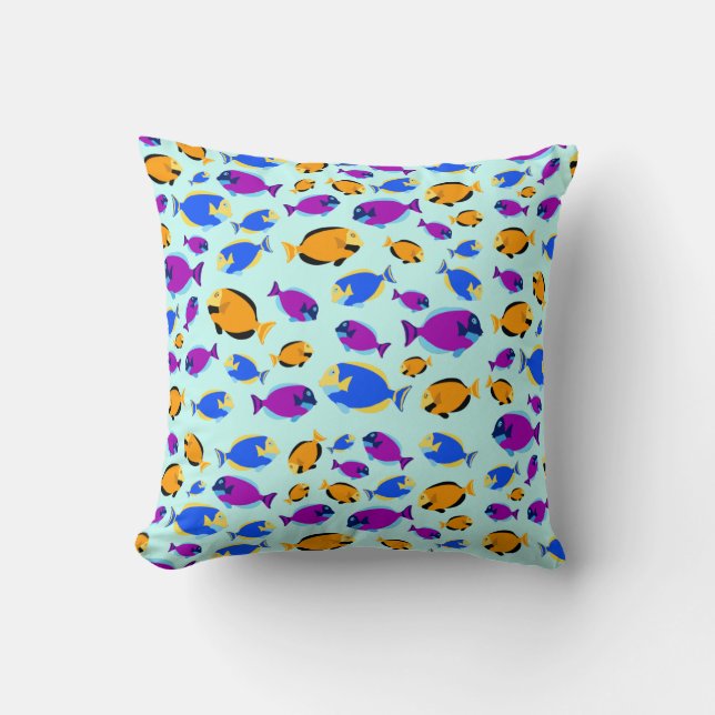 Colourful Tropical Fish Pattern in Blue Sea Throw Pillow (Front)