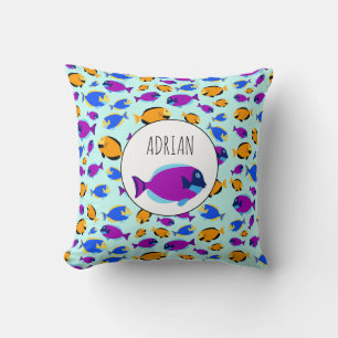 Colourful Tropical Fish Pattern in Blue Sea Throw Pillow
