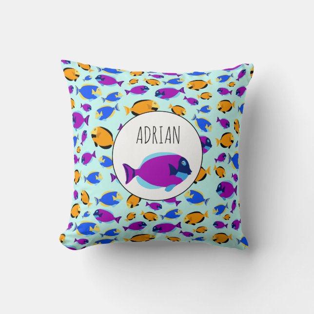 Colourful Tropical Fish Pattern in Blue Sea Throw Pillow (Front)
