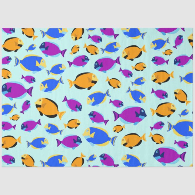 Colourful Tropical Fish Pattern in Blue Sea Tissue Paper (Front)