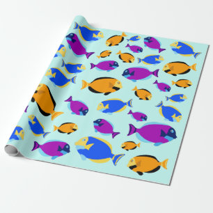 Colourful Tropical Fish Pattern in Blue Sea Wrapping Paper