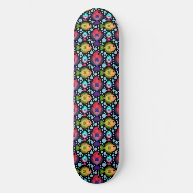 Colourful Tropical Fish Pattern on Black Skateboard (Front)