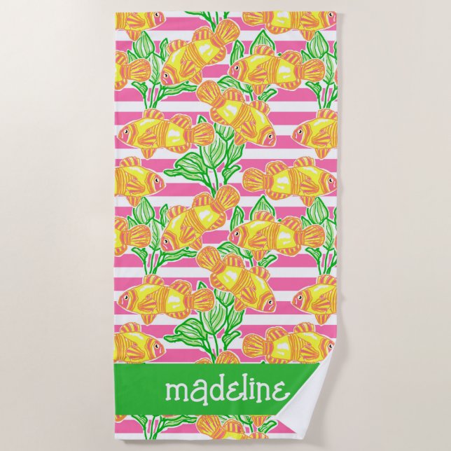Colourful Tropical Fish Pattern Personalized Beach Towel (Front)