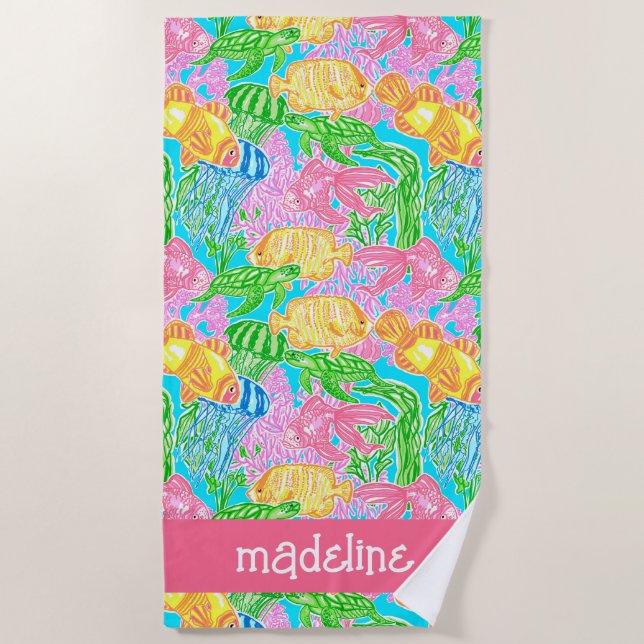 Colourful Tropical Fish Pattern Personalized Beach Towel (Front)