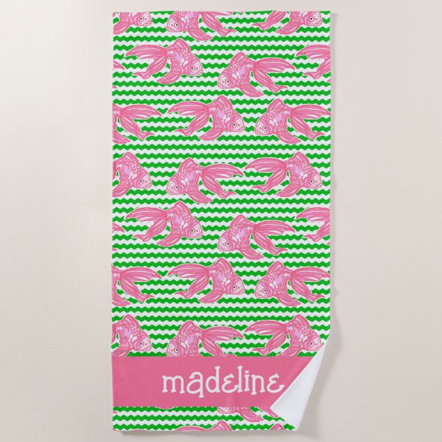 Colourful Tropical Fish Pattern Personalized Beach Towel (Front)