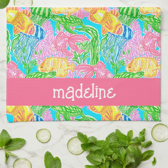 Colourful Tropical Fish Pattern Personalized Kitchen Towel (Folded)