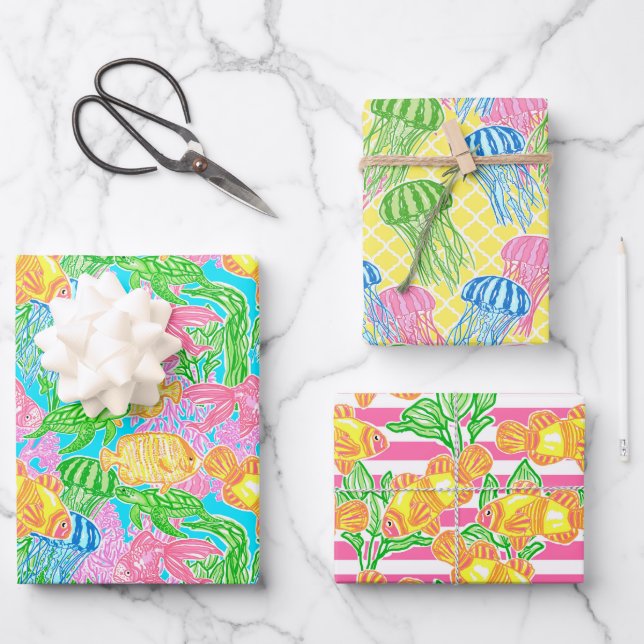 Colourful Tropical Fish Pattern Wrapping Paper Sheet (Front)