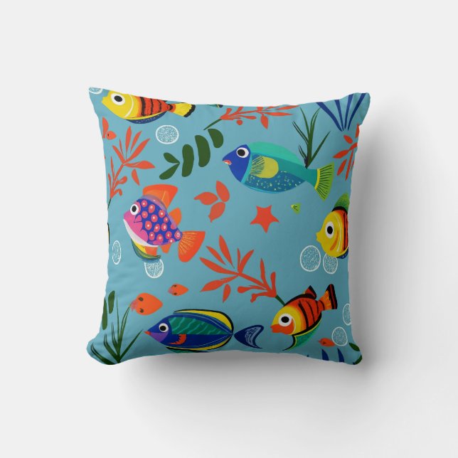 Colourful Tropical Fish Underwater Pattern Throw Pillow (Front)