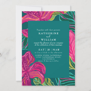 Colourful Tropical Floral Emerald green Wedding Invitation