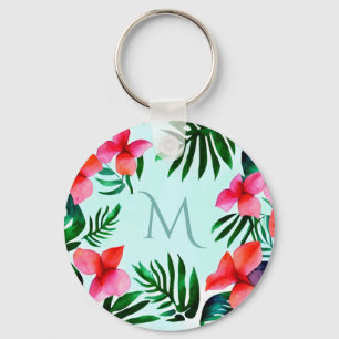 Colourful Tropical Floral Foliage Watercolor Custo Keychain