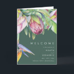 Colourful Tropical Floral | Green Folded Wedding Program<br><div class="desc">This colourful tropical floral | green folded wedding program is perfect for your modern boho destination, green, purple, peach wedding. Design features an elegant bouquet of classic beach watercolor greenery and flowers that may include sage green eucalyptus, mauve and red protea, blush pink hibiscus, orange and blue bird of paradise,...</div>