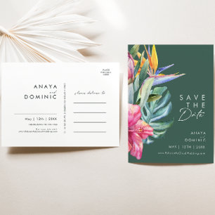 Colourful Tropical Floral   Green Save The Date Invitation Postcard