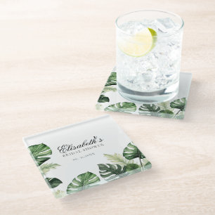 Colourful Tropical Floral Greenery bridal shower Glass Coaster