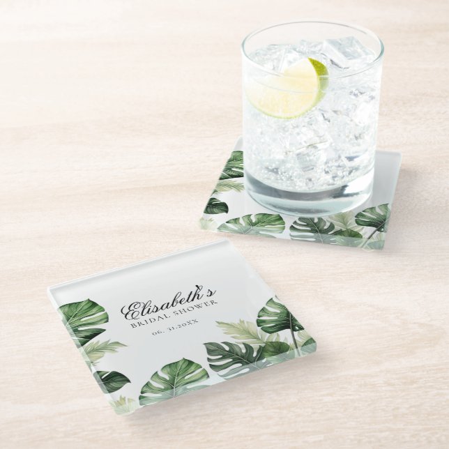 Colourful Tropical Floral | Greenery bridal shower Glass Coaster (Angled)