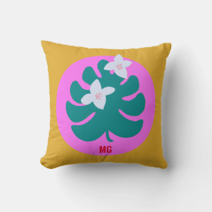 Colourful tropical floral modern monogram pink throw pillow