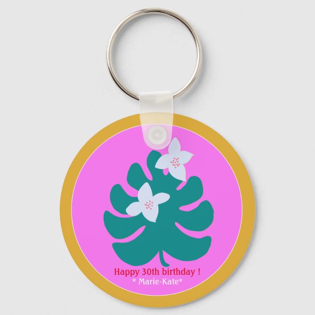 Colourful tropical floral modern name pink keychain (Front)