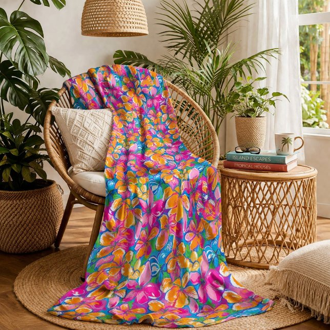 Colourful Tropical Floral Pattern Fleece Blanket (Creator Uploaded)