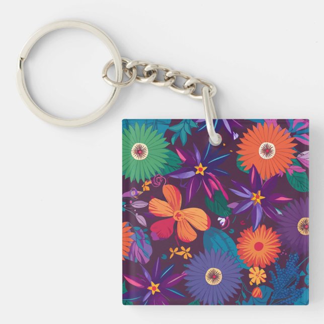 Colourful Tropical Floral Pattern with Bold Blooms Keychain (Front)
