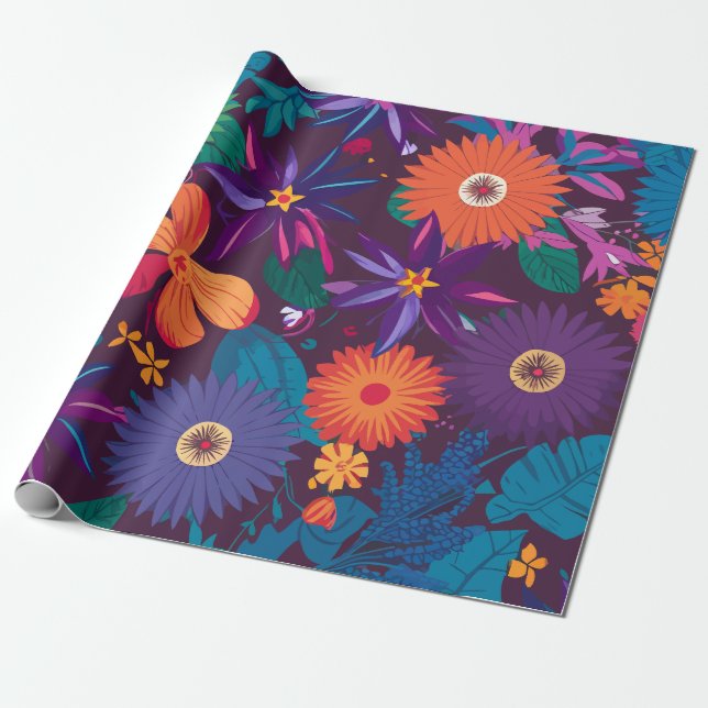Colourful Tropical Floral Pattern with Bold Blooms Wrapping Paper (Unrolled)