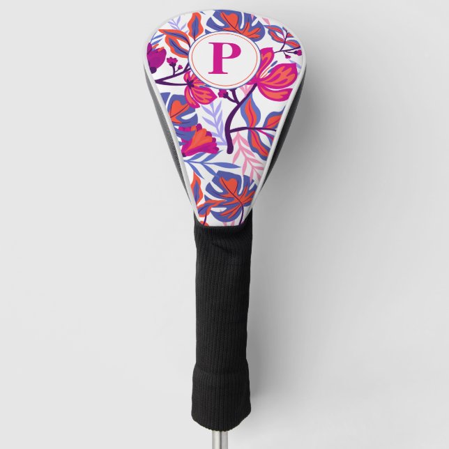 Colourful, Tropical Floral Pattern, Your Initial Golf Head Cover (Front)