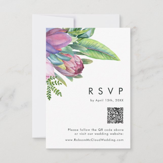Colourful Tropical Floral | Peach QR Code RSVP Car Card (Front)