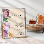 Colourful Tropical Floral | Peach Wedding Drinks Poster<br><div class="desc">This colourful tropical floral | peach wedding drinks poster is perfect for your modern boho destination green, purple, peach wedding. Design features an elegant bouquet of classic beach watercolor greenery and flowers, including sage green eucalyptus, mauve and red protea, blush pink hibiscus, orange and blue bird of paradise, and dark...</div>