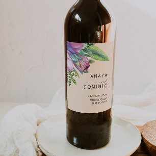 Colourful Tropical Floral Peach Wedding Wine Label