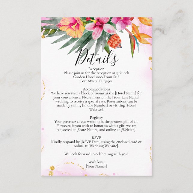 Colourful Tropical Floral Pink Wedding Details Enclosure Card (Front)