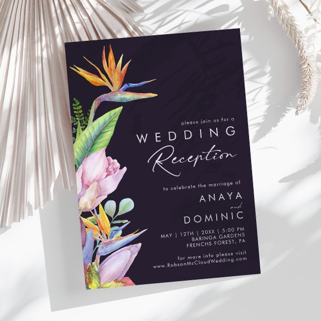 Colourful Tropical Floral Purple Wedding Reception Invitation (Creator Uploaded)