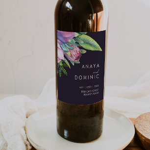 Colourful Tropical Floral Purple Wedding Wine Label