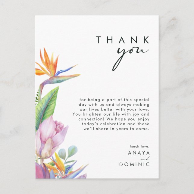 Colourful Tropical Floral Reception Thank You Card (Front)