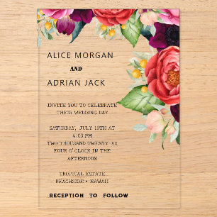 Colourful Tropical Floral Wedding  Acrylic Invitations