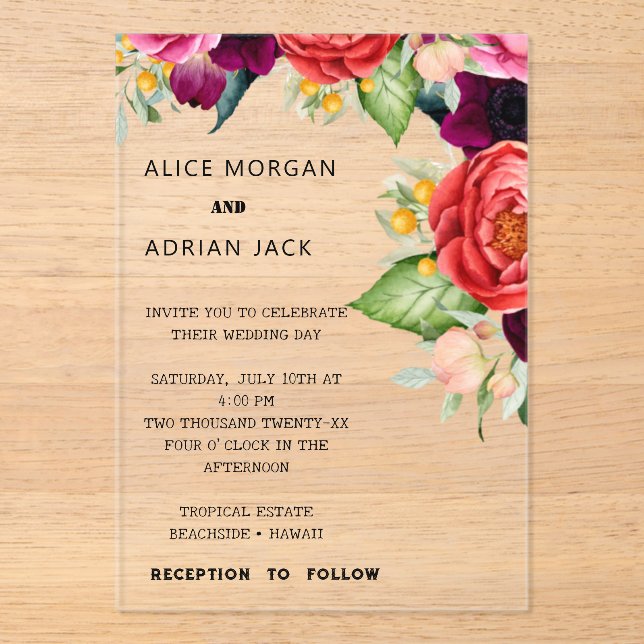 Colourful Tropical Floral Wedding  Acrylic Invitations (Front)