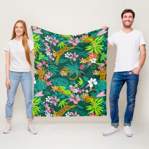 Colourful tropical flowers and animals pattern fleece blanket
