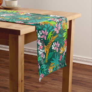 Colourful tropical flowers and animals pattern short table runner