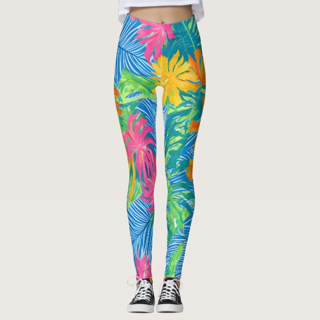 Colourful Tropical Flowers and Leaves Leggings (Front)