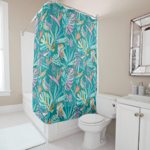Colourful tropical flowers and leaves pattern